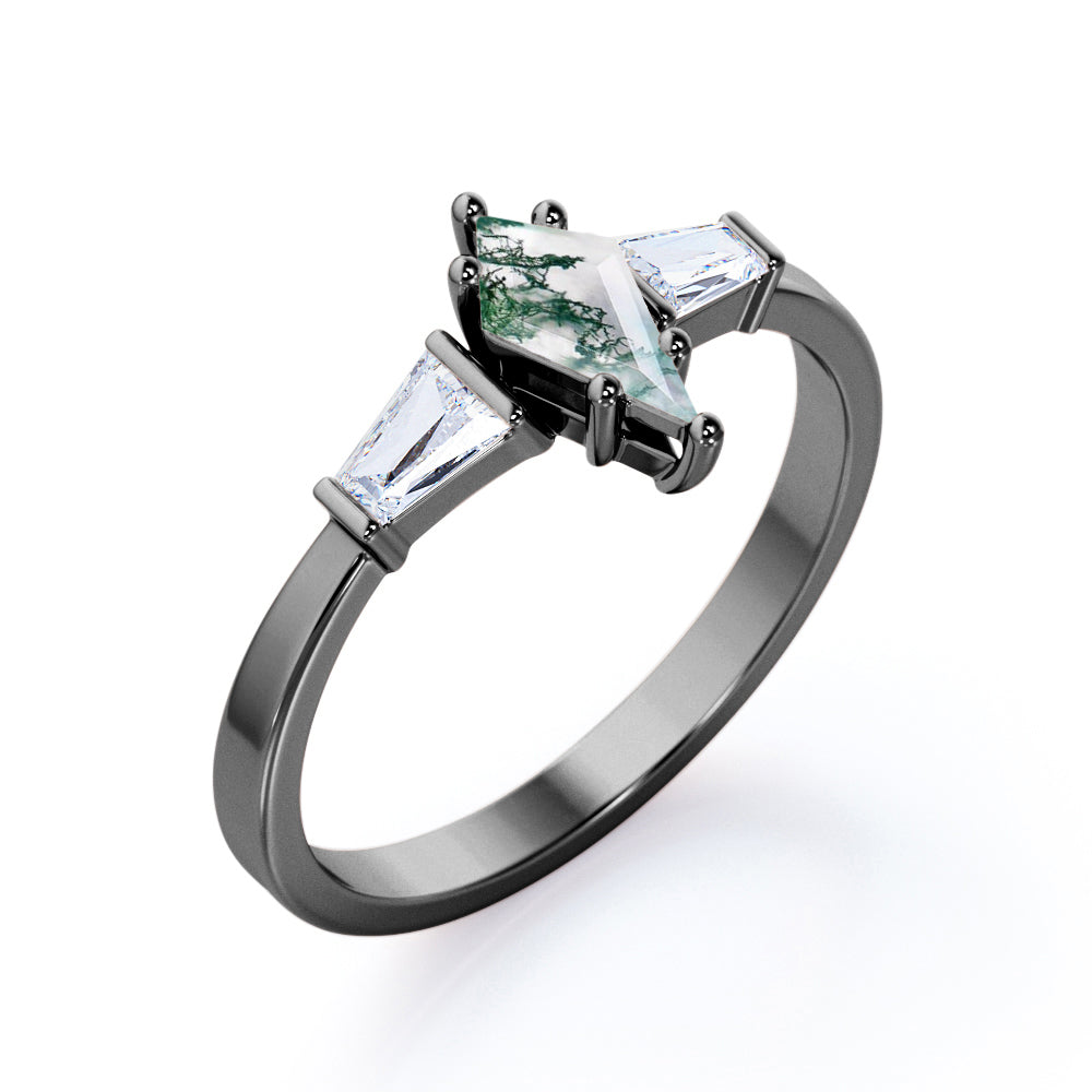 Contemporary three stone 1.2 carat Kite shape Moss Green Agate and diamond baguette style engagement ring in White gold
