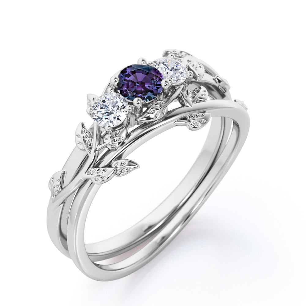 Nature inspired 0.65 carat round cut lab created Alexandrite and diamond trilogy wedding ring set for her in White gold