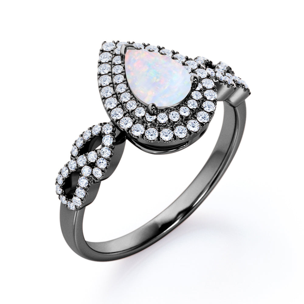 Antique Art inspired 1.8 carat Tear drop shape Ethiopian Opal and diamond double halo engagement ring for women in gold