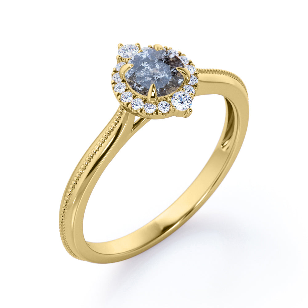 Milgrain Edge 0.55 carat round cut salt and pepper diamond and White diamond artistic halo wedding ring set in White gold