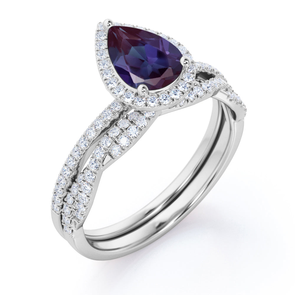 Antique art deco 1.7 carat pear cut man made Alexandrite and diamond Engagement ring with infinity wedding band in White gold- wedding ring set