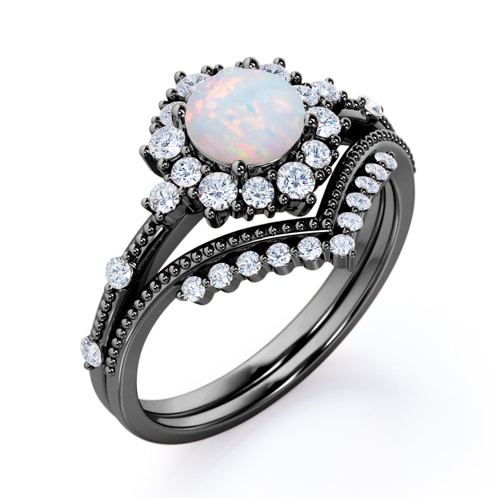 Engraved Chevron 1.35 carat Round cut Ethiopian Opal and diamond vintage halo wedding ring set for women in White gold
