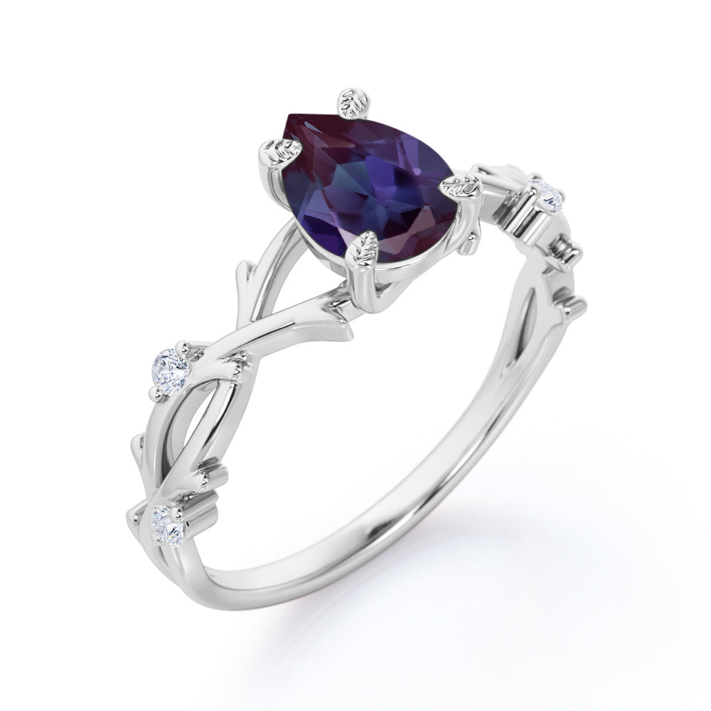 Modern Floral Branches 1 carat Pear shaped Alexandrite and diamond engagement ring for women in Black gold
