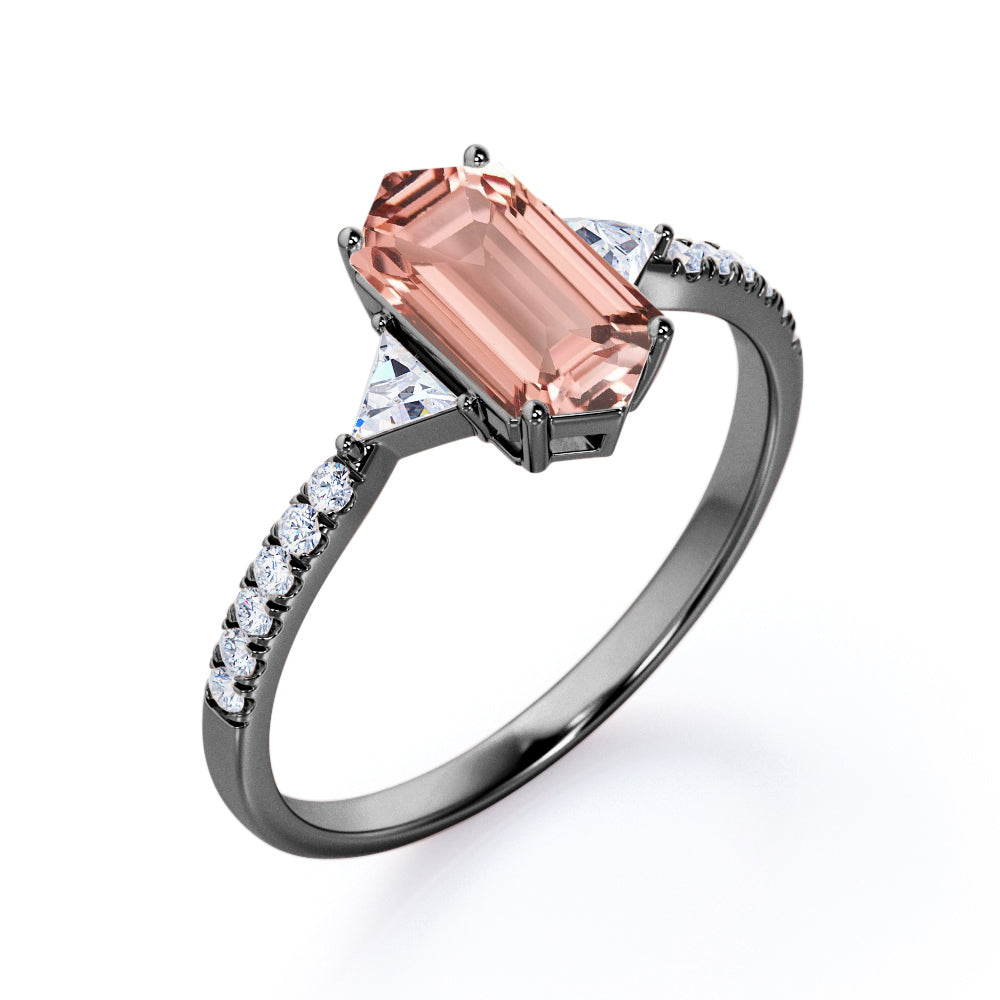 Stylish 1.35 carat Hexagonal Morganite and diamond trilogy engagement ring in Rose gold