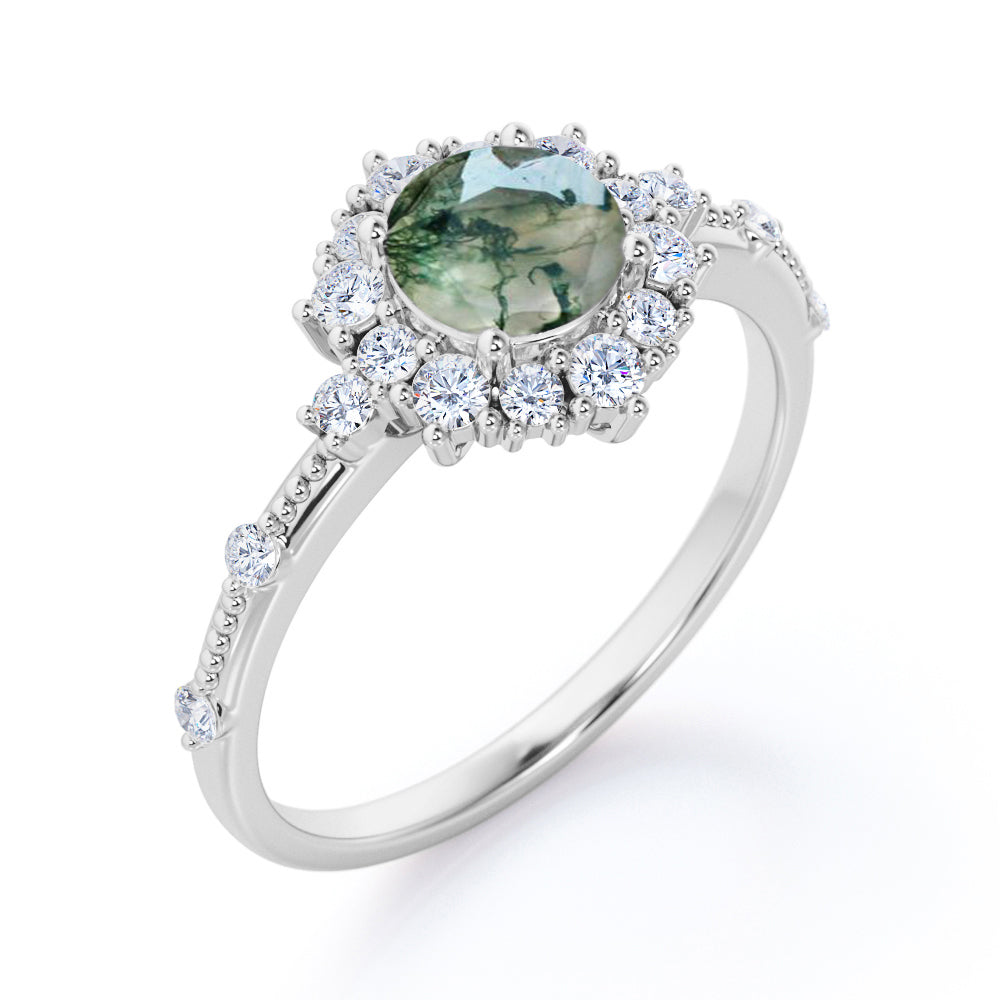 Engraved Vintage 1.25 carat Round cut Moss Green Agate and diamond Edwardian art deco engagement ring in Rose gold