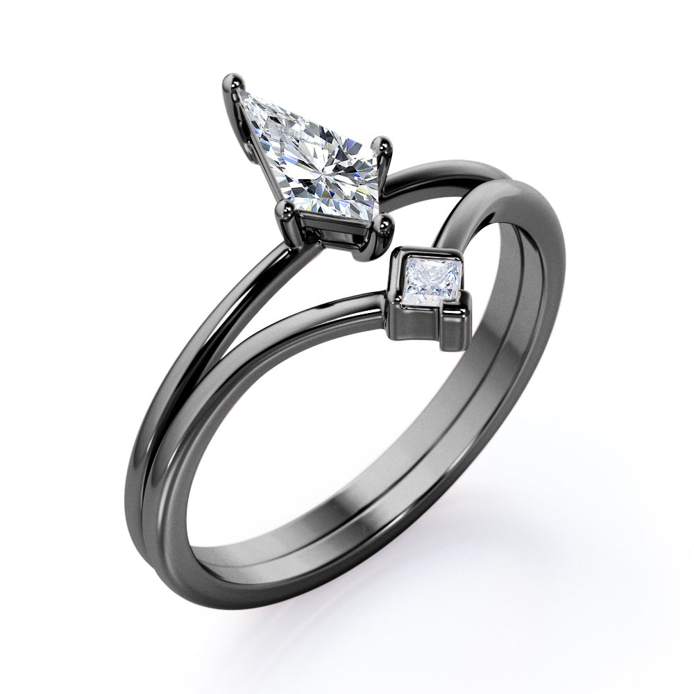 2 stone Chevron 0.55 carat Kite shaped Moissanite and diamond minimalist wedding ring set in Rose gold