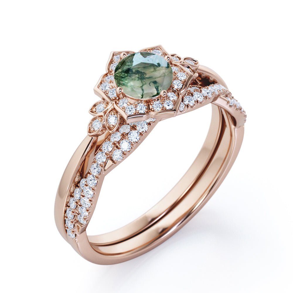 Flower Halo 1.50 carat Round cut Moss Agate and diamond Plain shank with half-infinity Wedding ring set for her