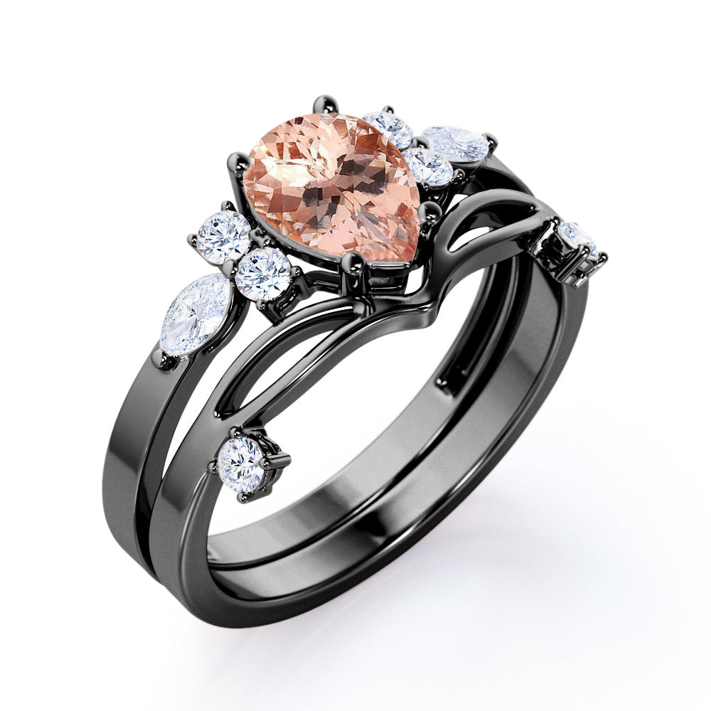 Magnificent Split Shank 1.25 carat Pear shaped Morganite and diamond chevron wedding ring set in Rose gold