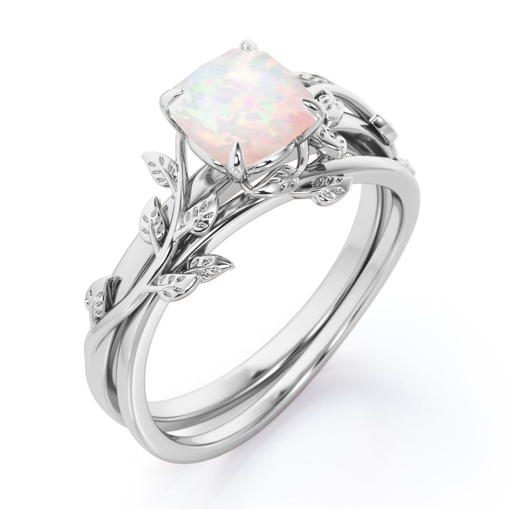 Unique 1 carat Cushion cut Fire Opal Nature-themed Bridal ring set in White gold