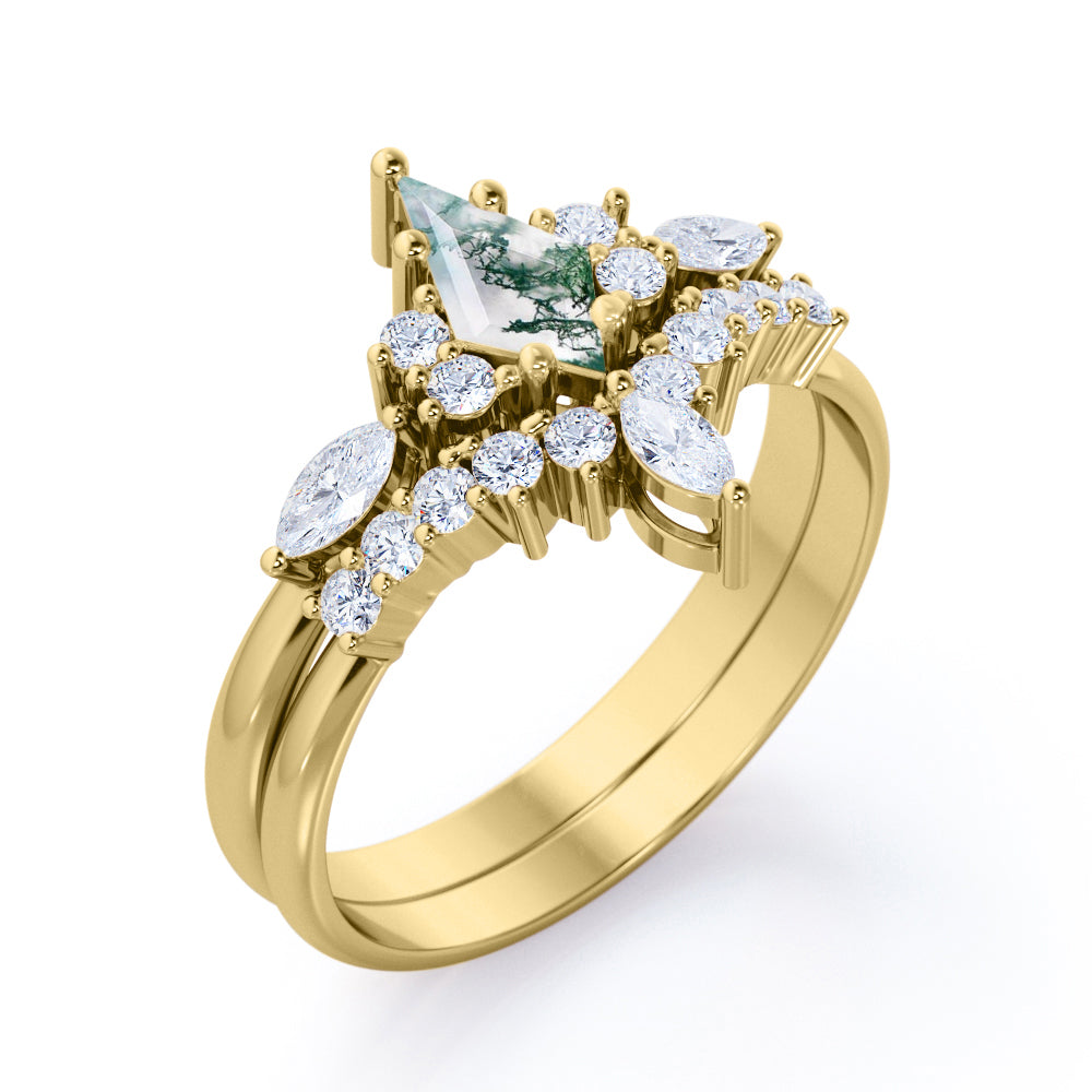 1.3 carat Kite Shaped Moss Green Agate and diamond chevron wedding ring set in White gold