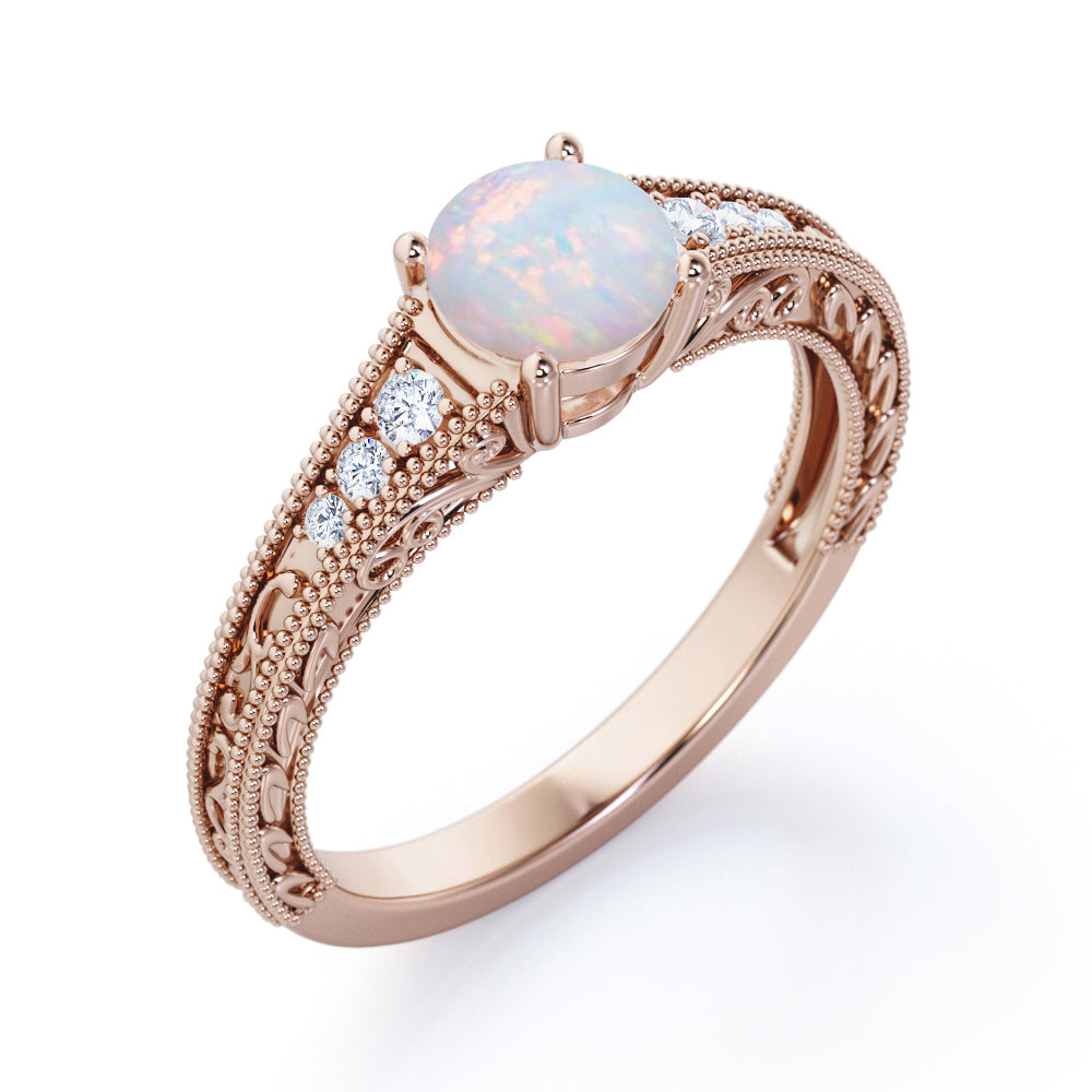 Victorian style inspired 1 carat Round cut Opal and diamond-filigree and milgrain-art deco engagement ring in White gold