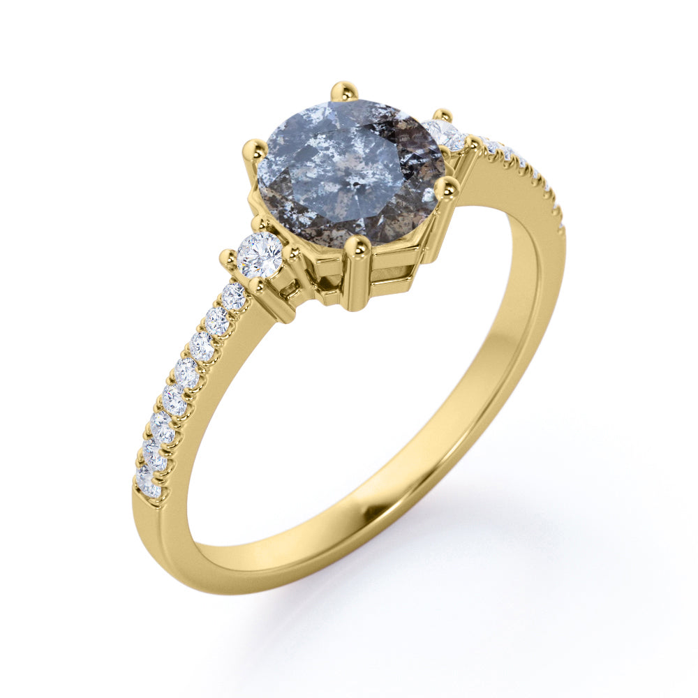 Basket Prong style 0.75 carat Round cut Salt and pepper diamond and White diamond-trio stone-eternity engagement ring in White gold