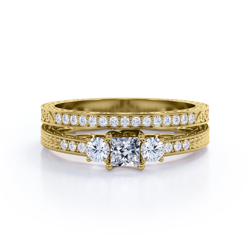 Exquisite trilogy 1.2 carat Princess cut Moissanite and diamond antique filigree wedding ring set for her - Bridal set
