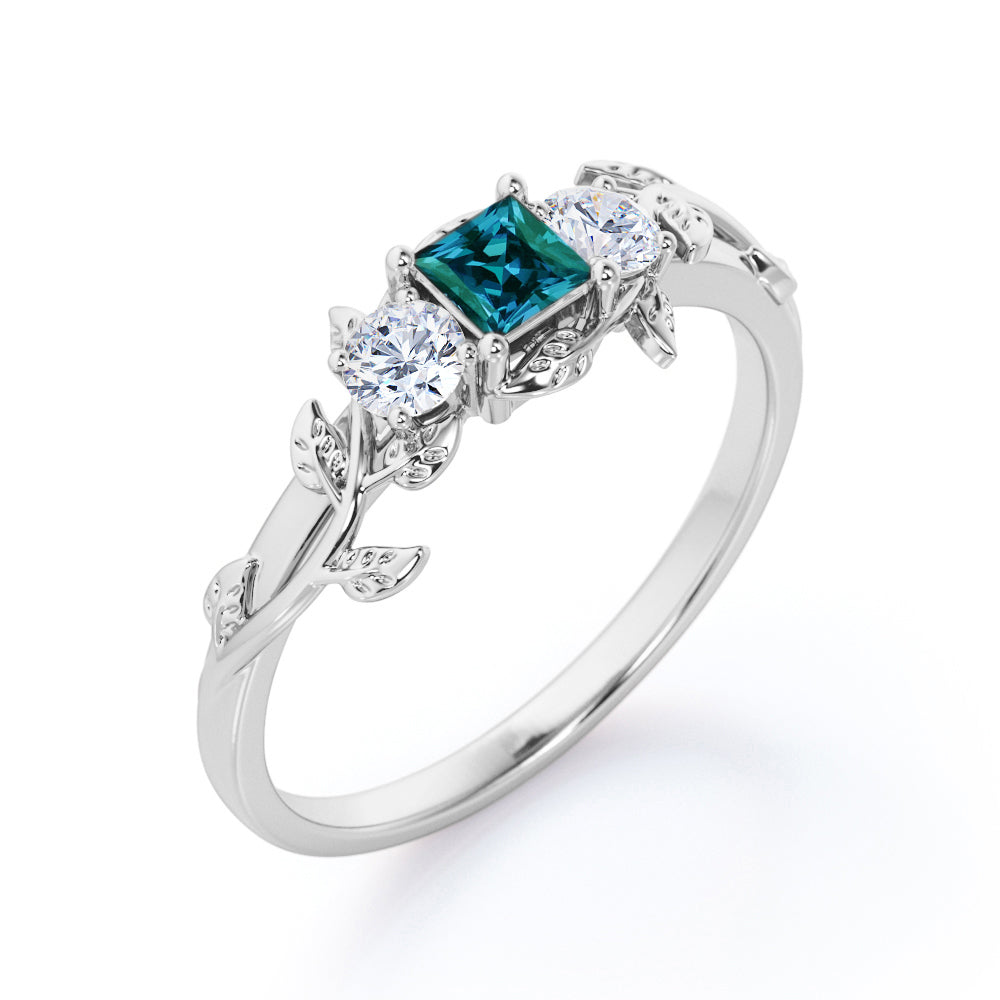 Unique 1 carat Princess cut manmade Alexandrite and white diamond Engagement ring with leaf design for women in White gold