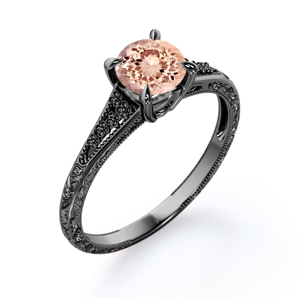 Filigree Split Shank 1 carat Round cut Pink Morganite nature inspired engagement ring in White gold