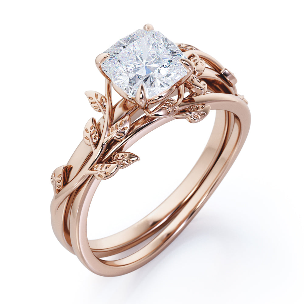 Twist Branch design 1 carat cushion cut Moissanite leaf wedding ring set in White gold