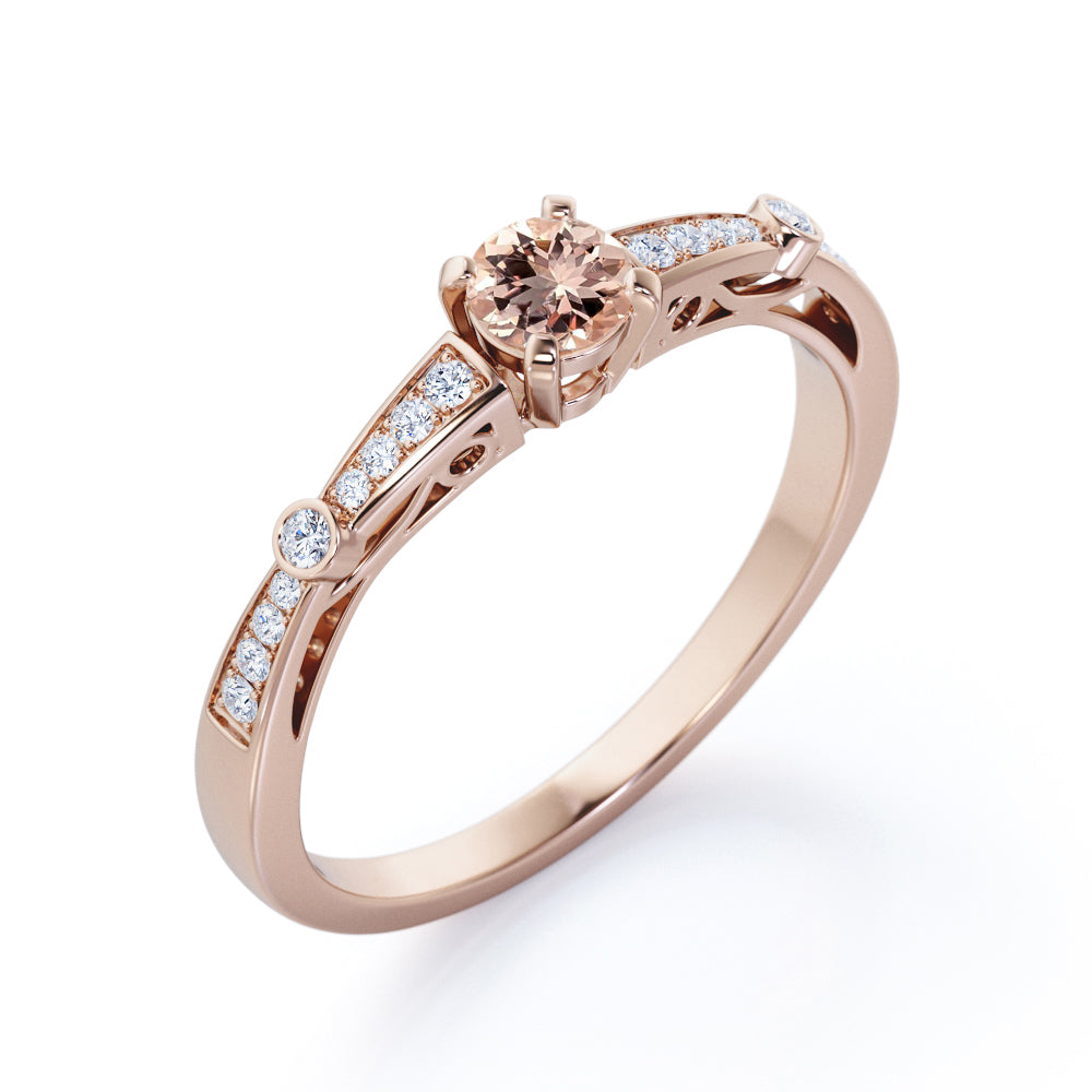 Prong style 0.75 carat Round cut Peach Pink Morganite and diamond tapered baguette engagement ring in White gold