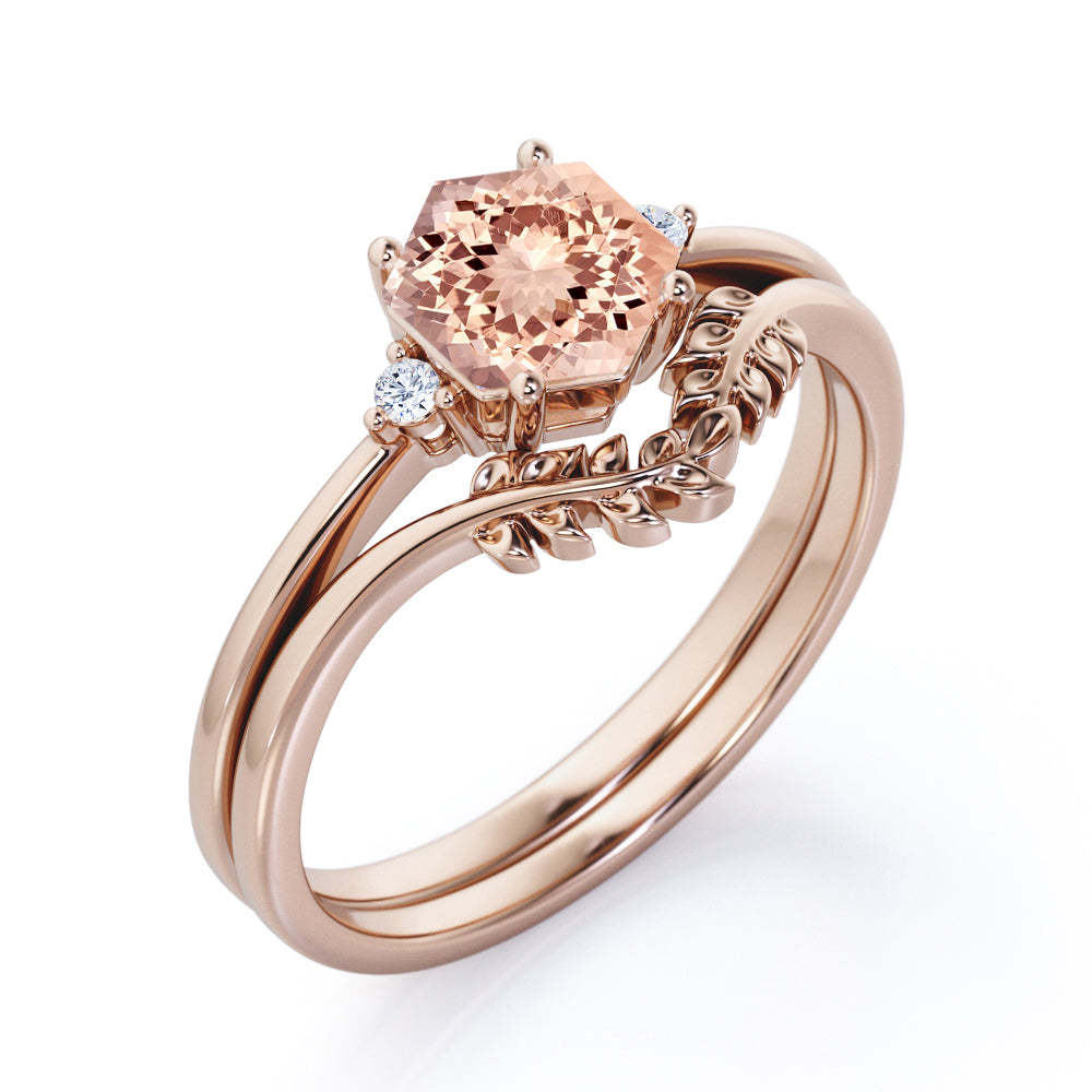 Quadrilateral Chevron 0.55 carat Hexagon Morganite and diamond floral contoured wedding ring set in Black gold