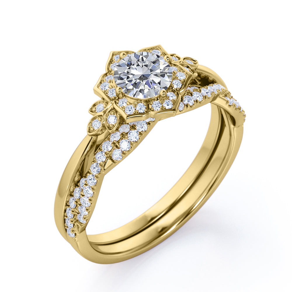 Half-infinity 1.5 carat round cut Moissanite and diamond floral inspired engagement rings and wedding band in gold-Bridal set