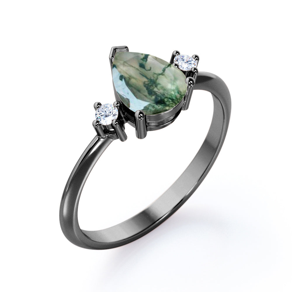 Vintage trinity 1.1 carat Pear cut Moss Green Agate and diamond pinched shank engagement ring in Rose gold