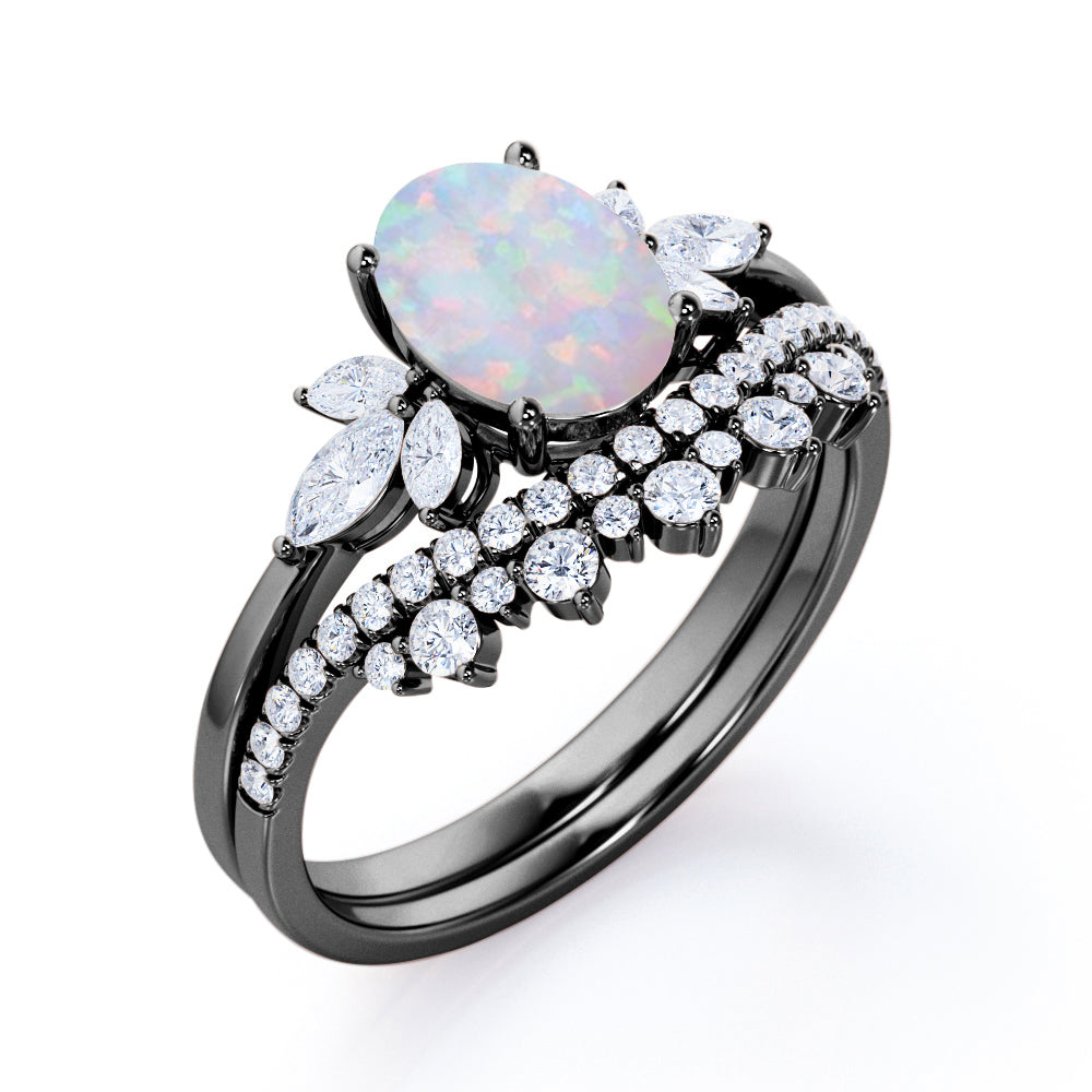 Chevron Crown 1.45 carat Oval cut Australian Opal and diamond vintage royal engagement rings set in White gold-Bridal set