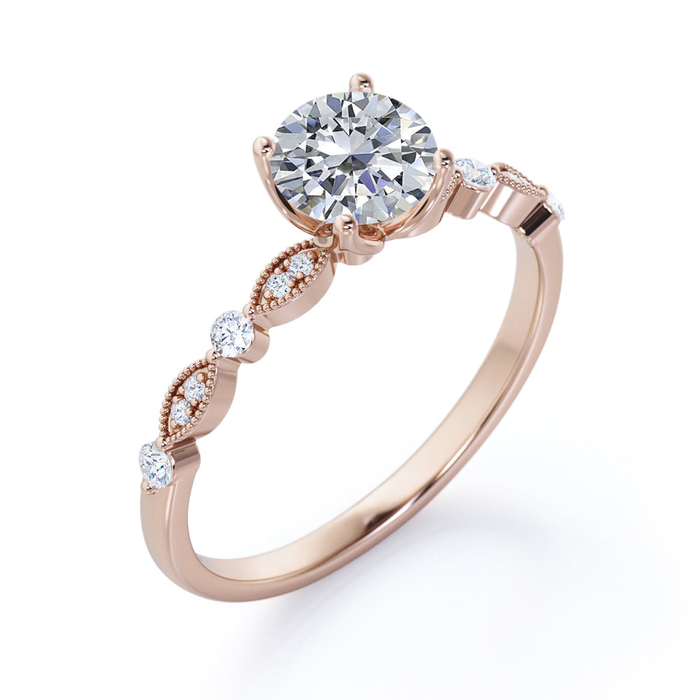 Unique 1.2 carat Round cut Moissanite and diamond-prong setting-milgrain engagement ring in Black gold