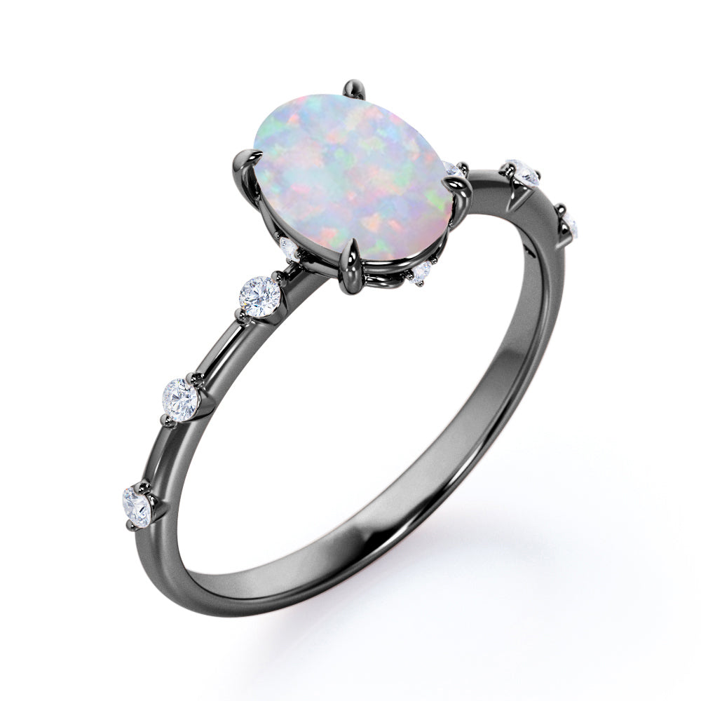 Minimalistic 1 carat Oval cut Australian Opal and diamond dainty twig engagement ring in White gold