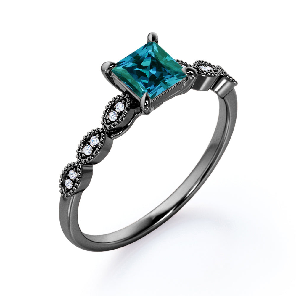 Minimal 1.1 carat Princess cut Lab made Alexandrite and diamond engagement ring for women in White gold