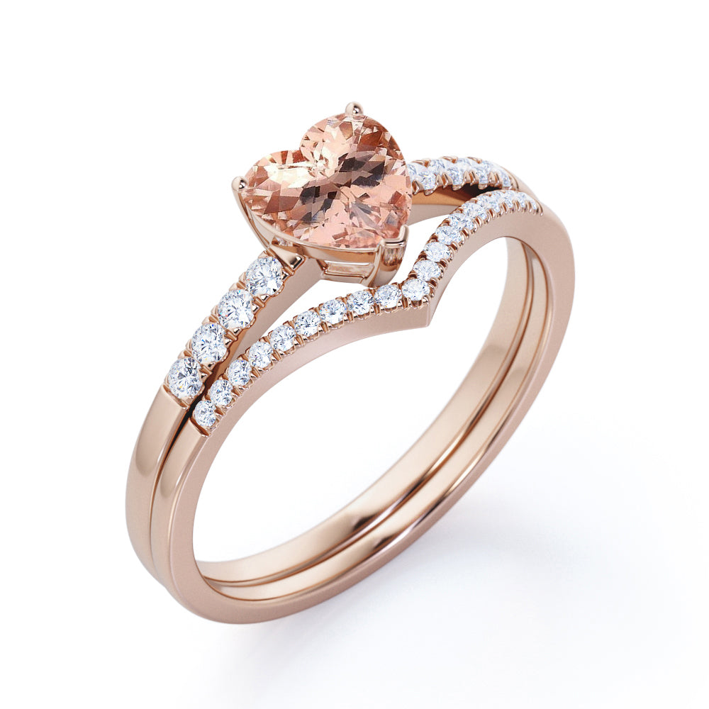 Exquisite Chevron 1.45 carat Heart shaped Morganite and diamond vintage wedding ring set in Black gold