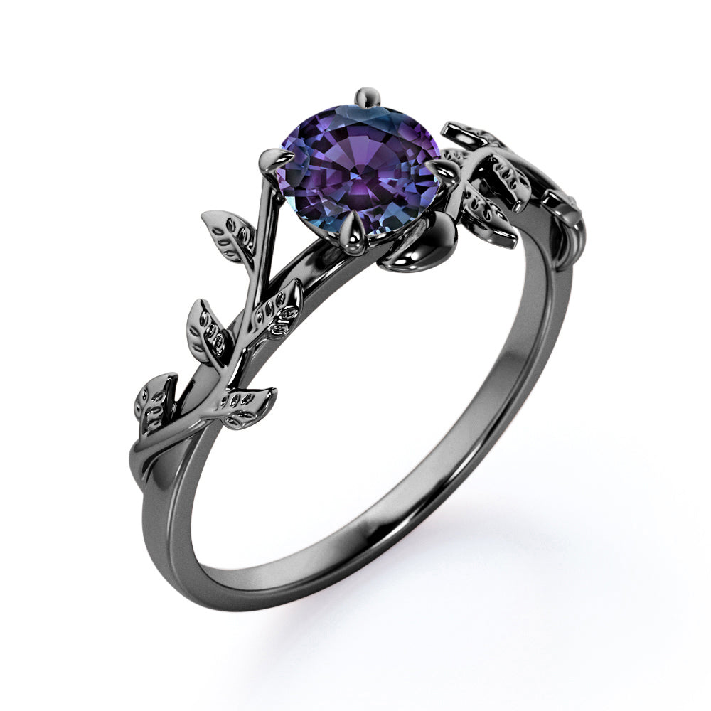Floral Vine 1 carat Round cut Alexandrite Solitaire engagement ring for women in Rose gold