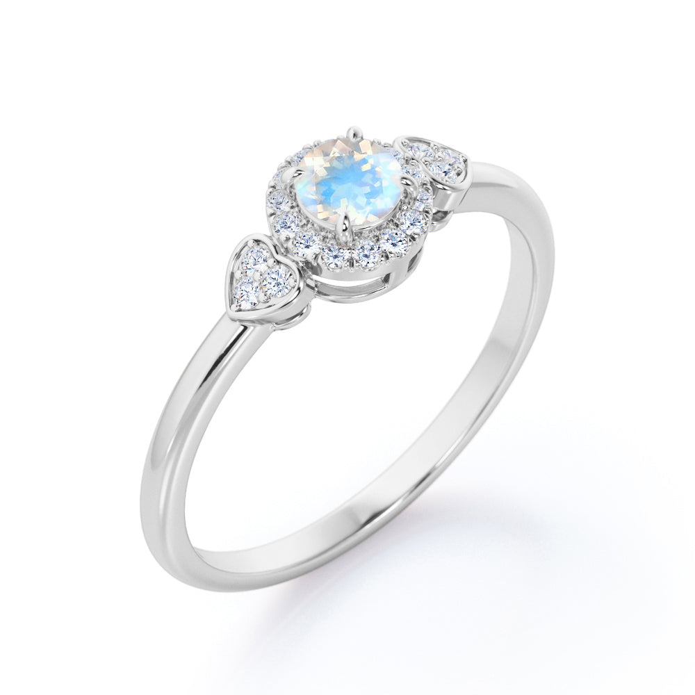 Triple stone 1.25 carat Round cut Rainbow Moonstone and diamond vintage double heart sweetheart ring in Rose gold-Engagement ring