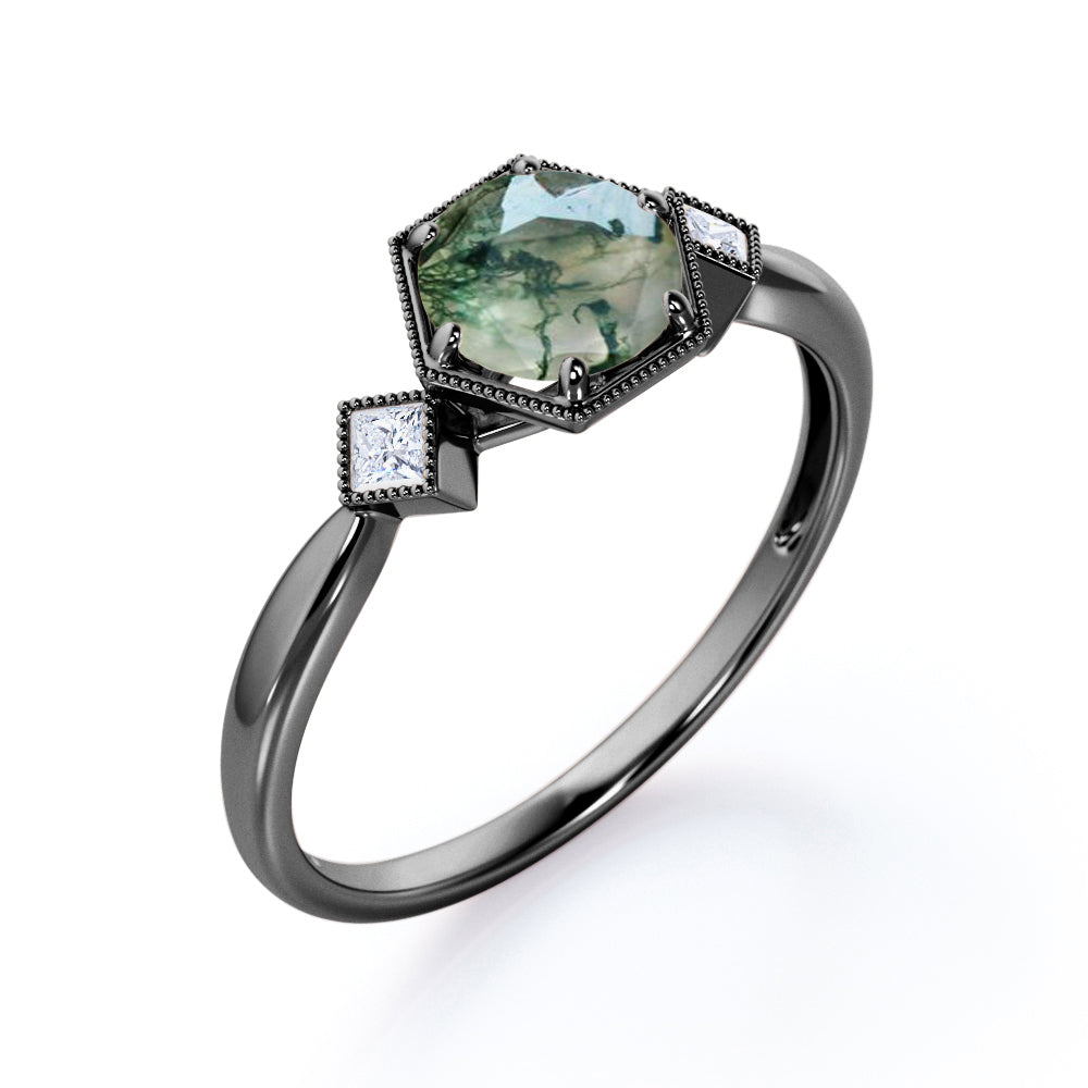 Trillion Bead décor 1.1 carat Round cut Moss Green Agate and diamond tapered engagement ring in Rose gold