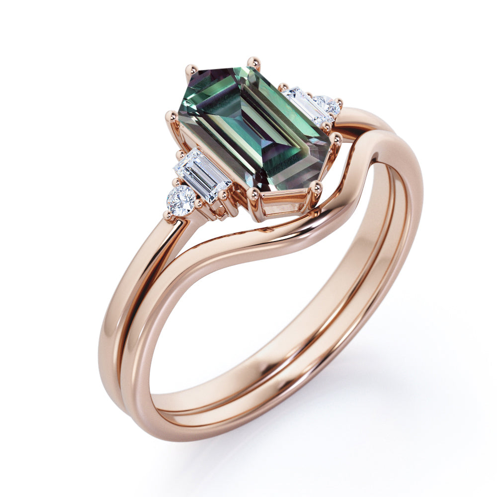 Artistic Prong 1.1 carat Hexagon shaped Alexandrite and diamond plain contoured bridal set in Rose gold