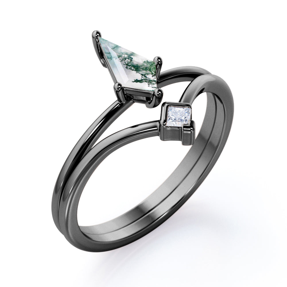 Classic 2 stone 1 carat Kite shaped Moss Green Agate and diamond contoured wedding ring set in White gold