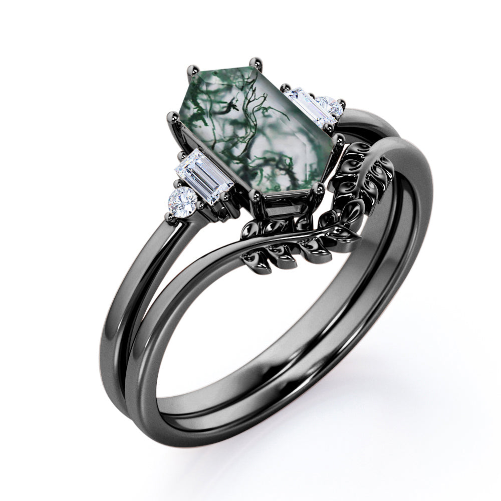 Leaf inspired Chevron 1.1 carat Hexagon shaped Moss Green Agate and diamond wedding ring set in Rose gold