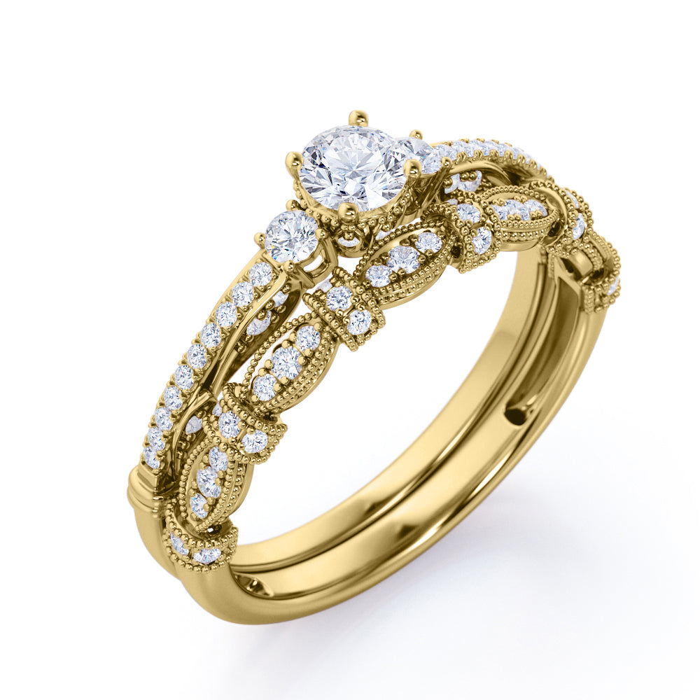 Classic three stone 1 carat Round cut Moissanite and diamond vintage milgrain wedding ring set in Rose gold