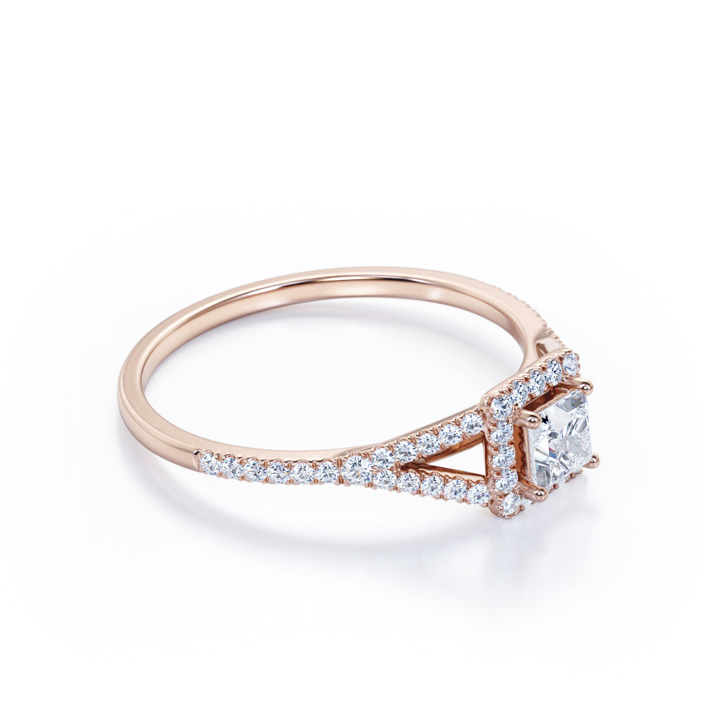 Halo Split shank 0.75 carat Princess cut Moissanite and diamond engagement ring in Rose gold