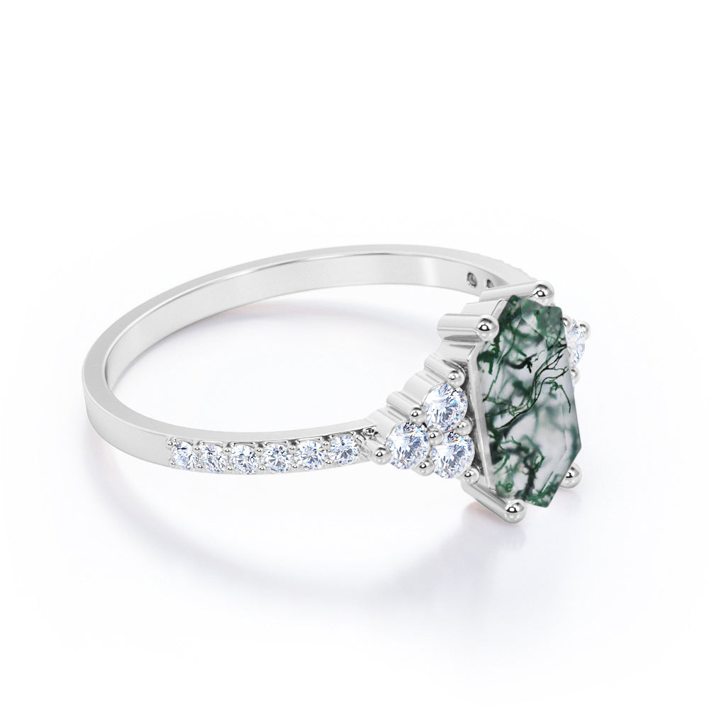 Modern Art deco 1.35 carat Hexagon cut Moss Green Agate and diamond pave setting engagement ring in White gold