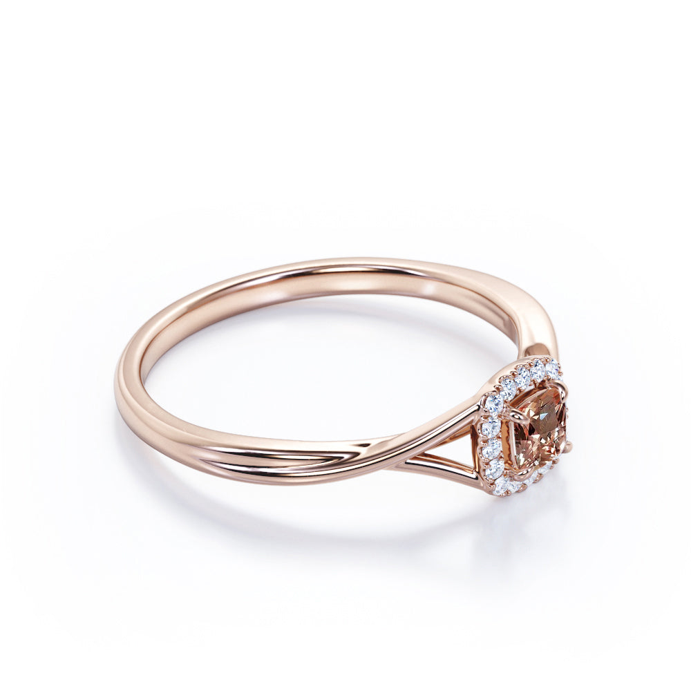 Art Deco Twisted Shank 0.65 carat Cushion cut Peach Morganite and diamond halo engagement ring in Rose gold