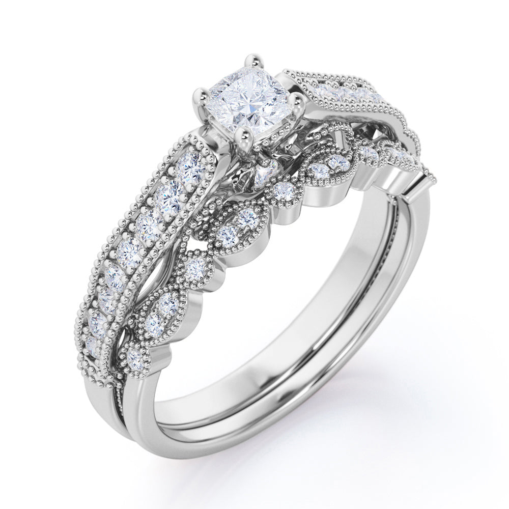 Vintage channel set 1.25 carat Round cut Moissanite and diamond art deco milgrain wedding ring set in white gold