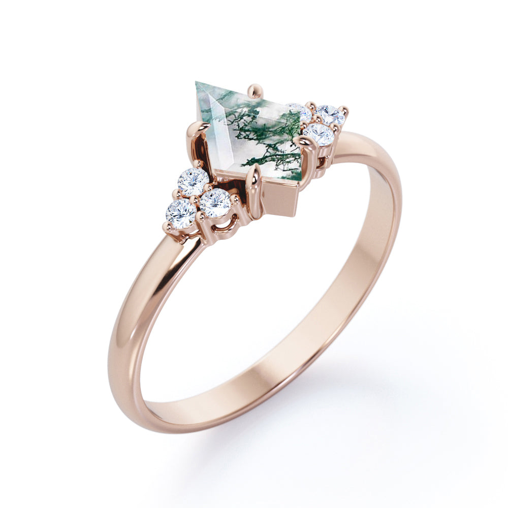 Exquisite Bezel 1.1 carat Kite shaped Moss Green Agate and diamond-claw prong setting-seven stone engagement ring in Rose gold