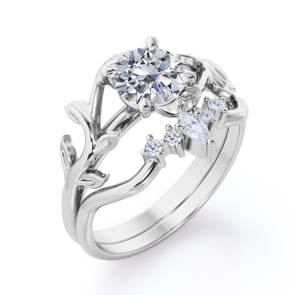 Chevron crown 1.15 carat Round cut Moissanite and diamond nature inspired wedding ring set in White gold