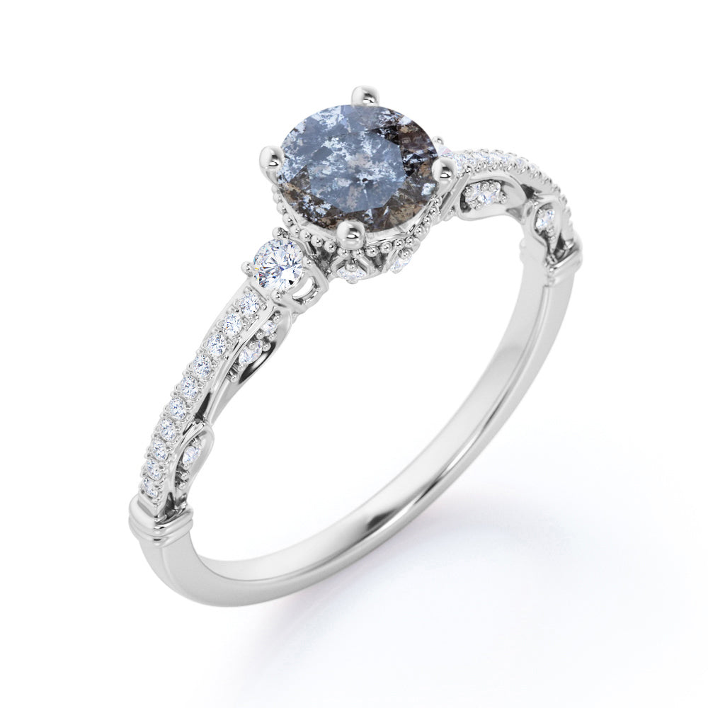 0.8 carat Round cut Salt and pepper diamond and White diamond-art deco-pave set engagement ring in White gold