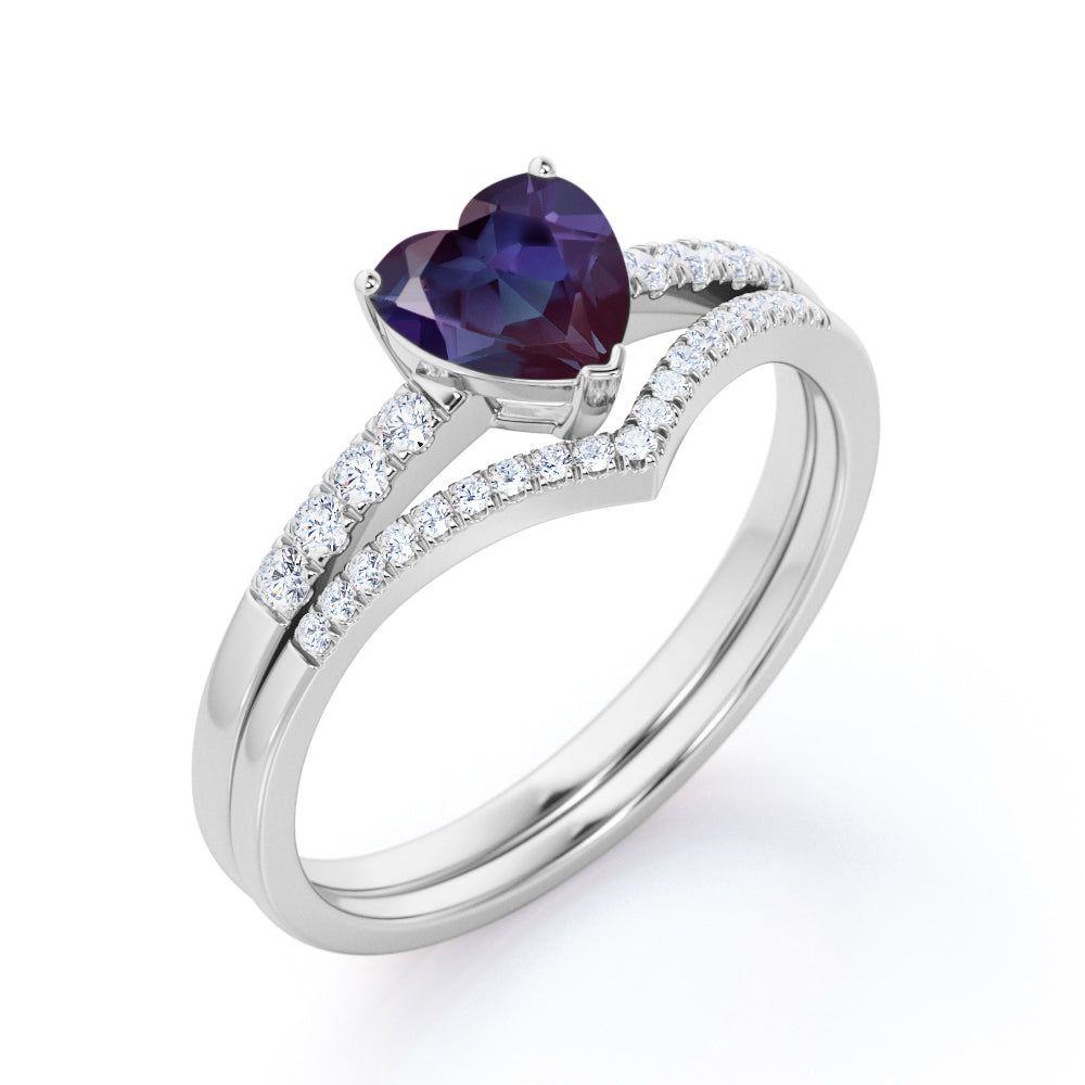 Authentic art deco 1.3 carat Heart shaped Lab Made Alexandrite and diamond contoured wedding ring set in Rose gold
