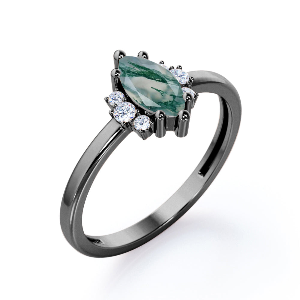 Floral 7 stones 1.25 carat Moss Agate and diamond engagement ring in Black gold