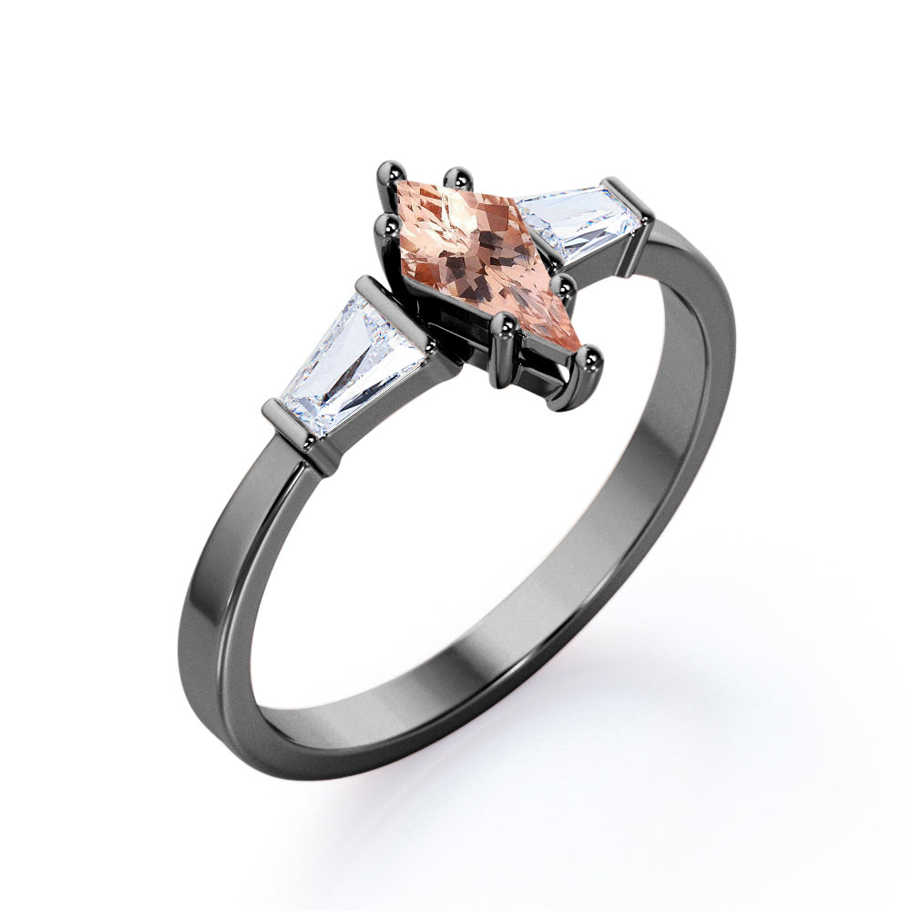Baguette style 1.1 carat Kite shaped Morganite and diamond three stone anniversary ring in Black gold
