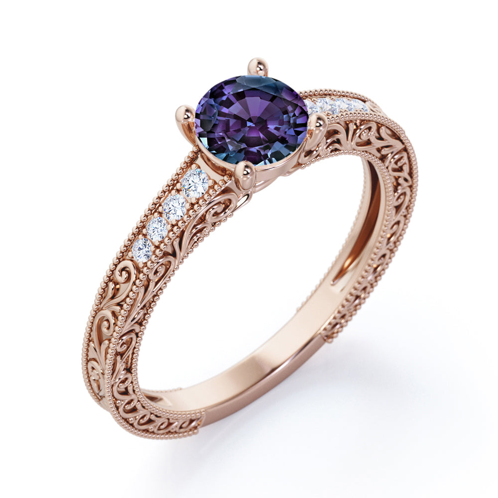 Floral filigree 1.1 carat Round cut Lab created Alexandrite and diamond channel set engagement ring in Rose gold