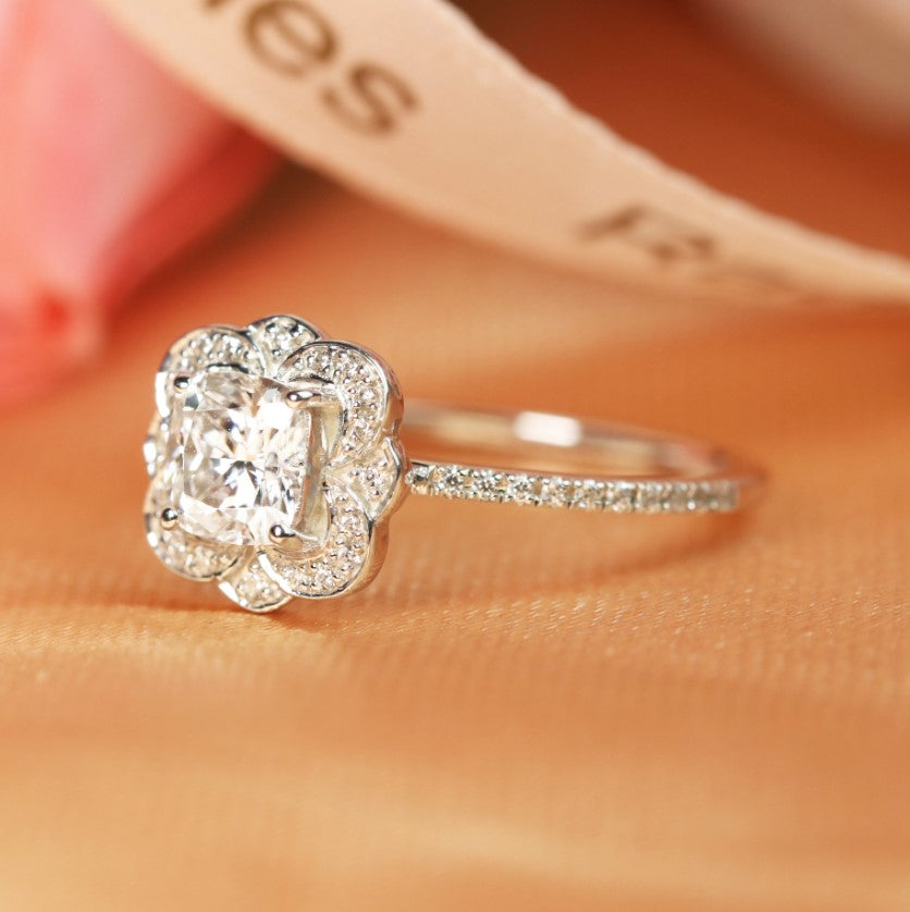 Vintage 1.40 carat Cushion Cut Antique Halo Moissanite Engagement Ring in Gold