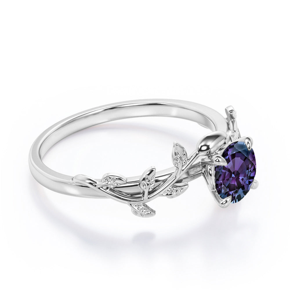Floral Vine 1 carat Round cut Alexandrite Solitaire engagement ring for women in Rose gold