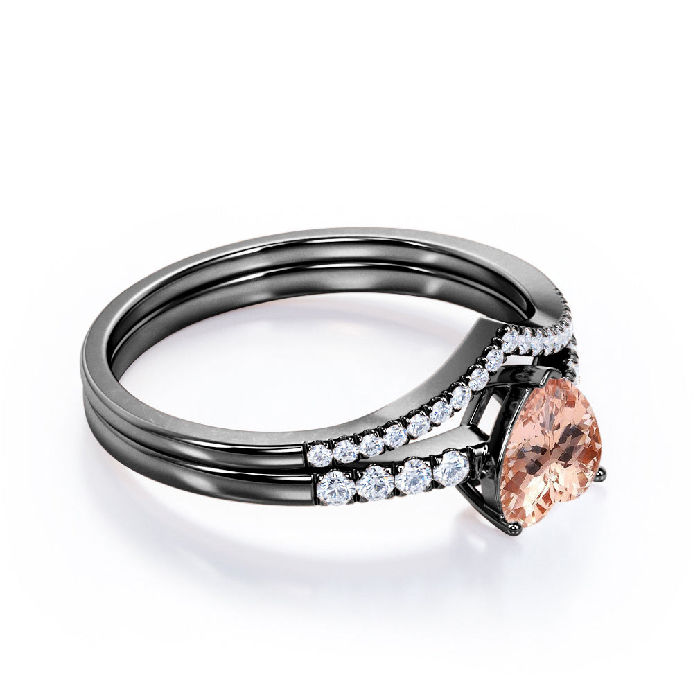 Exquisite Chevron 1.45 carat Heart shaped Morganite and diamond vintage wedding ring set in Black gold